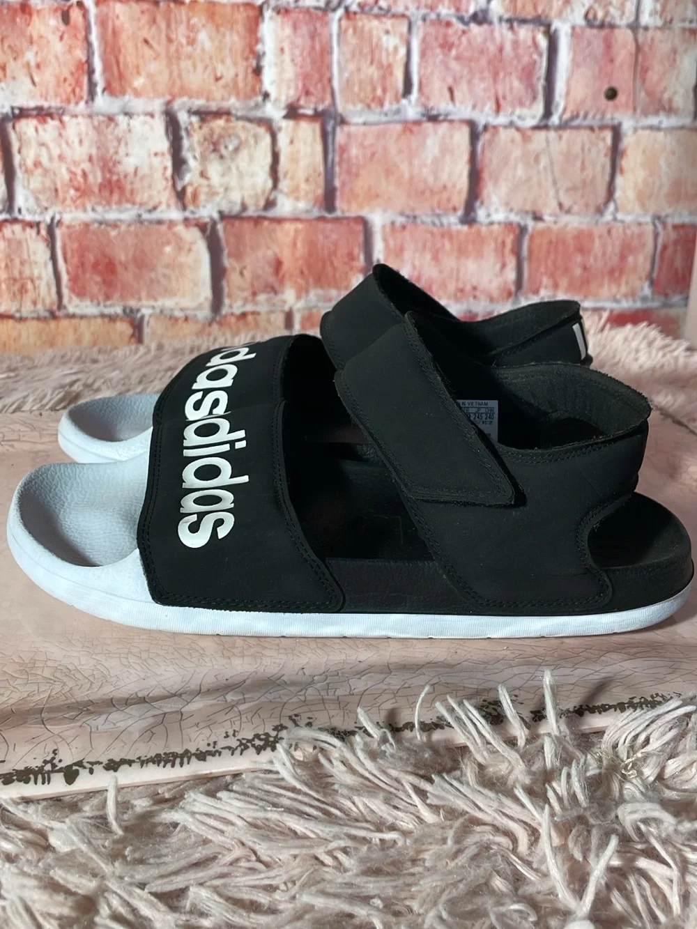 adidas Black and White Kids Logo Strap Sandals